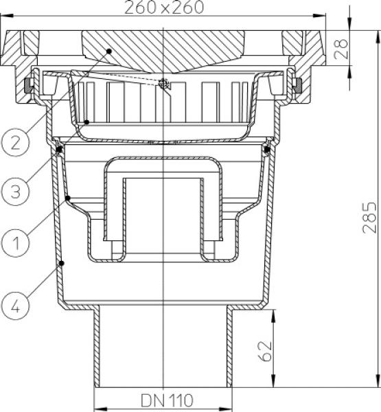 Perfektablauf DN110 senkrecht mit Wassergeruchsverschluss, 260x260mm / Gussrost 226x226mm  HL606.1W/1